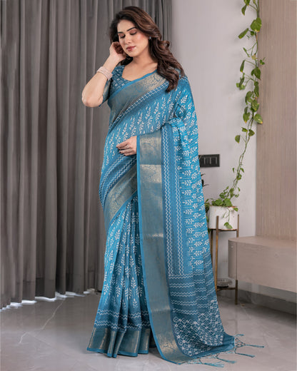 Teal Blue Handloom Linen Saree with White Ethnic Motifs & Zari Border | Artistic Pallu & Tassel Finish | 5.5m Saree + 0.8m Blouse