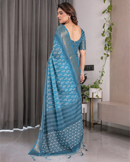 Teal Blue Handloom Linen Saree with White Ethnic Motifs & Zari Border | Artistic Pallu & Tassel Finish | 5.5m Saree + 0.8m Blouse