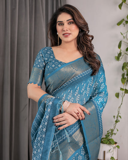 Teal Blue Handloom Linen Saree with White Ethnic Motifs & Zari Border | Artistic Pallu & Tassel Finish | 5.5m Saree + 0.8m Blouse