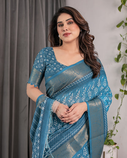 Teal Blue Handloom Linen Saree with White Ethnic Motifs & Zari Border | Artistic Pallu & Tassel Finish | 5.5m Saree + 0.8m Blouse