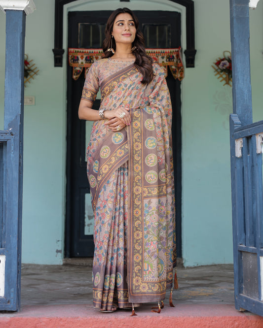 Mauve Beige Handloom Cotton Saree with Pastel Floral Print & Royal Tree-Elephant Pallu