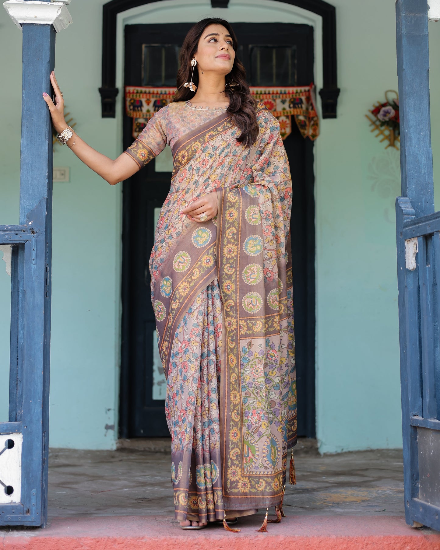Mauve Beige Handloom Cotton Saree with Pastel Floral Print & Royal Tree-Elephant Pallu