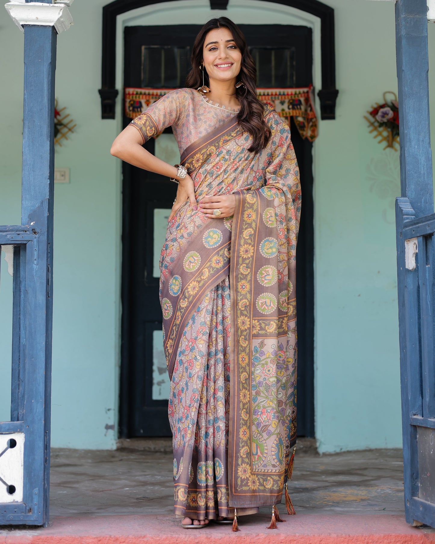 Mauve Beige Handloom Cotton Saree with Pastel Floral Print & Royal Tree-Elephant Pallu
