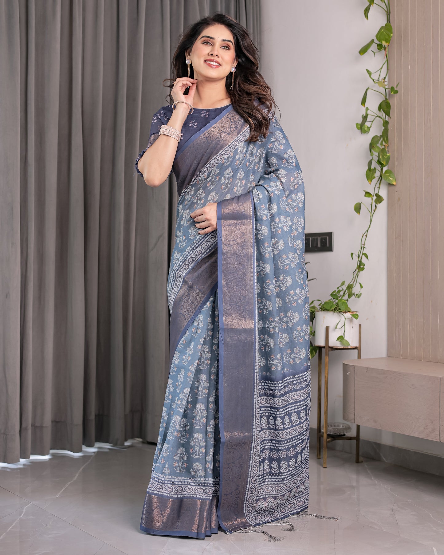 Slate Blue Handloom Linen Floral Printed Saree with Zari Border & Paisley Pallu | 5.5m Saree with 0.8m Blouse Piece | Tassel Finish