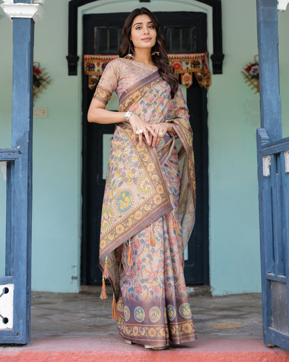 Mauve Beige Handloom Cotton Saree with Pastel Floral Print & Royal Tree-Elephant Pallu
