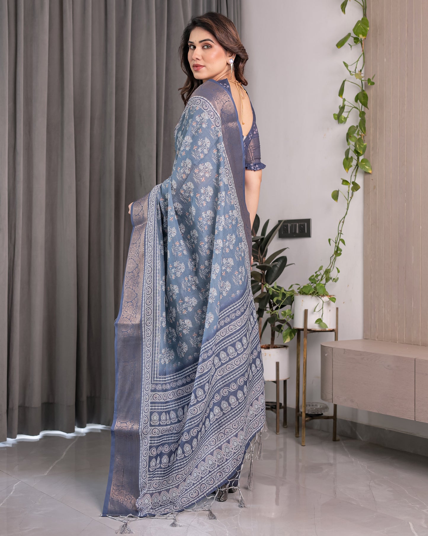 Slate Blue Handloom Linen Floral Printed Saree with Zari Border & Paisley Pallu | 5.5m Saree with 0.8m Blouse Piece | Tassel Finish