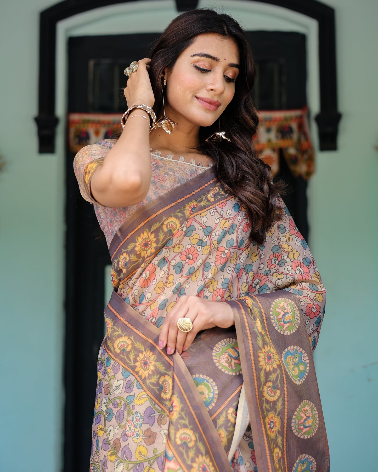 Mauve Beige Handloom Cotton Saree with Pastel Floral Print & Royal Tree-Elephant Pallu