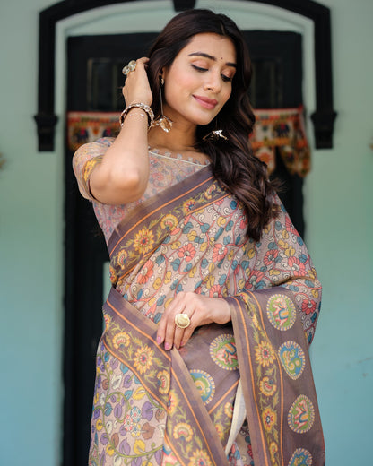 Mauve Beige Handloom Cotton Saree with Pastel Floral Print & Royal Tree-Elephant Pallu