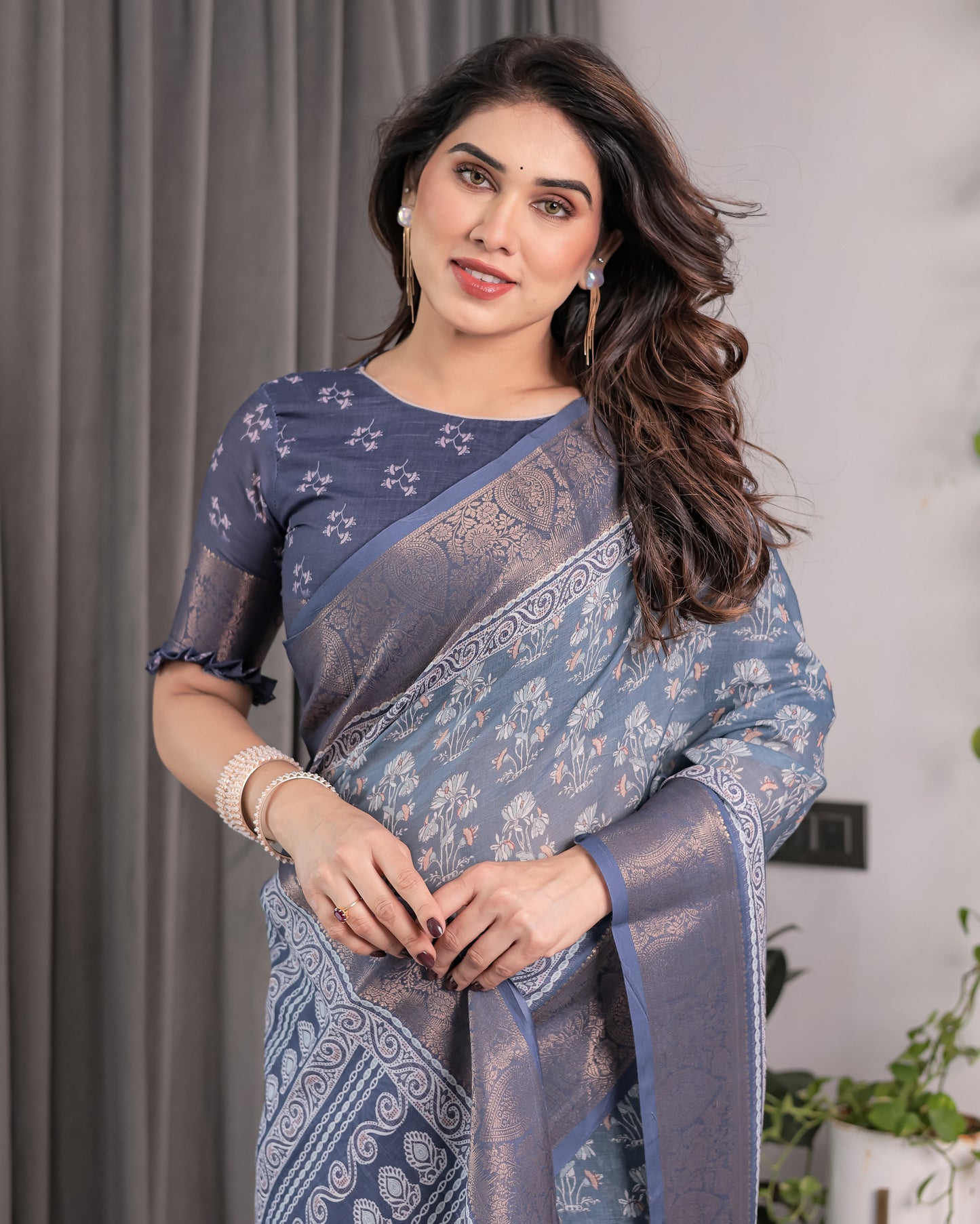 Slate Blue Handloom Linen Floral Printed Saree with Zari Border & Paisley Pallu | 5.5m Saree with 0.8m Blouse Piece | Tassel Finish