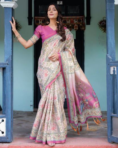 Lavender Beige Handloom Cotton Saree with Floral Vine Print & Majestic Peacock Pallu