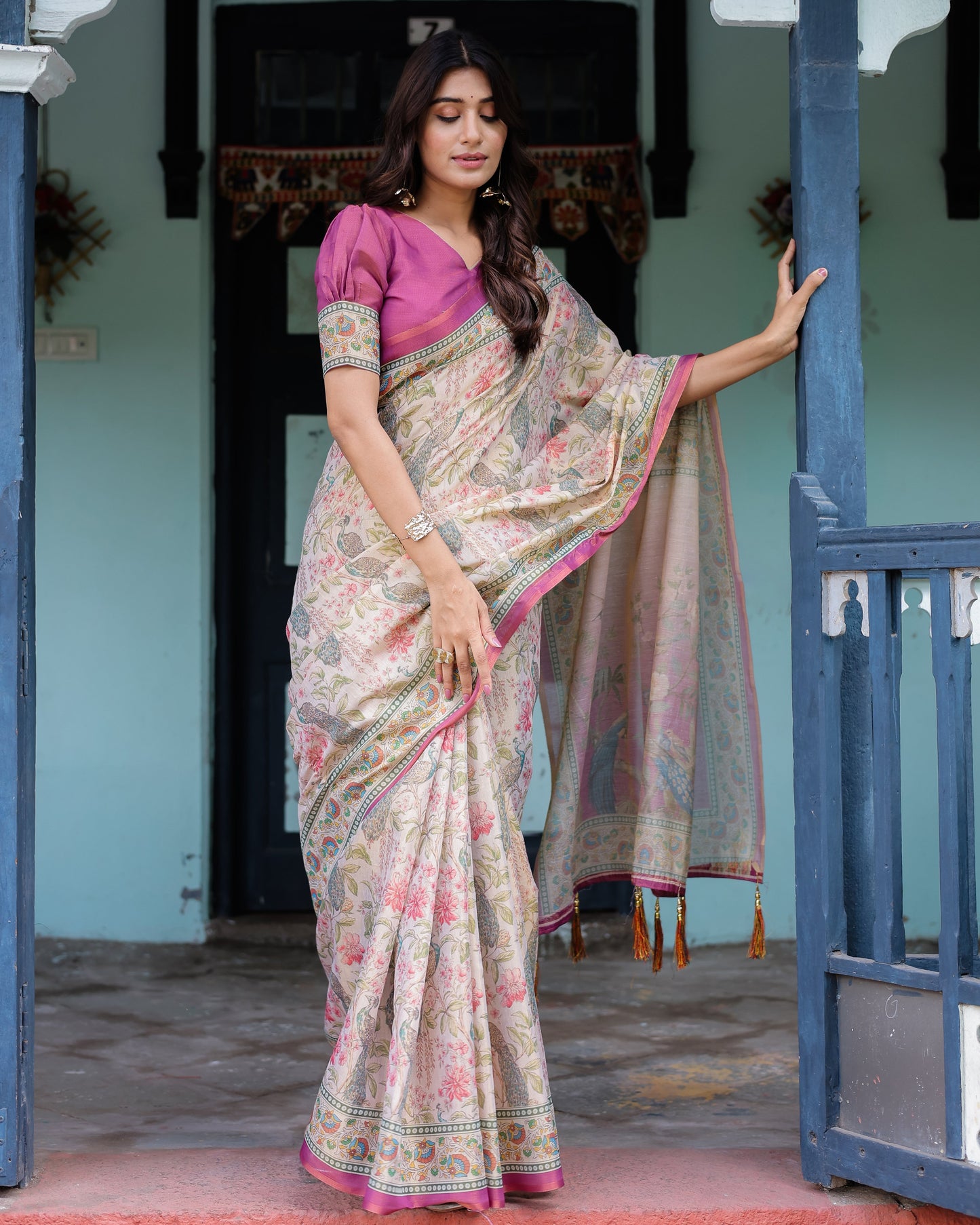 Lavender Beige Handloom Cotton Saree with Floral Vine Print & Majestic Peacock Pallu