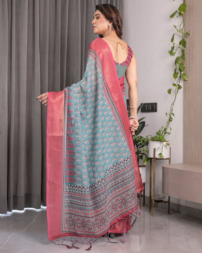 Teal Blue & Rani Pink Handloom Linen Saree with Ethnic Floral Print, Zari Border & Rich Pallu | Tassel Finish | 5.5m Saree + 0.8m Blouse