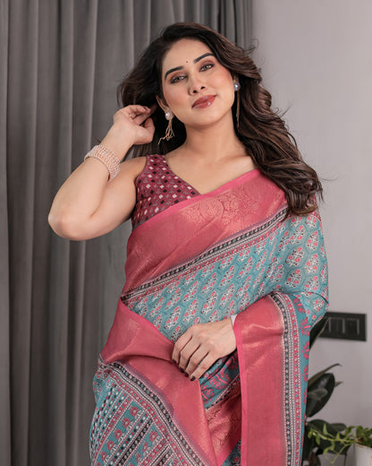 Teal Blue & Rani Pink Handloom Linen Saree with Ethnic Floral Print, Zari Border & Rich Pallu | Tassel Finish | 5.5m Saree + 0.8m Blouse