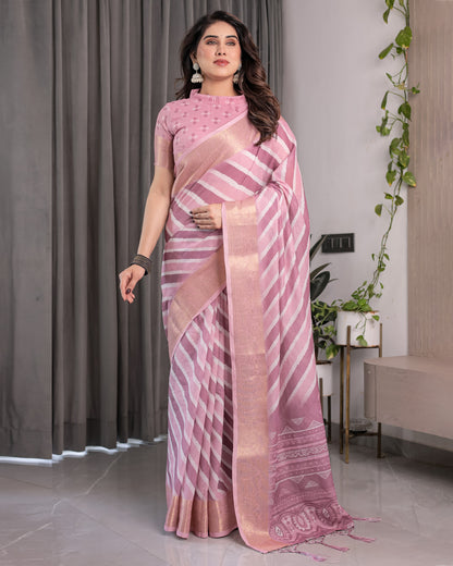 Dusty Pink Linen Handloom Saree with White Geometric Stripes & Tribal Pattern Pallu | Zari Border | 5.5m Saree + 0.8m Blouse with Tassels