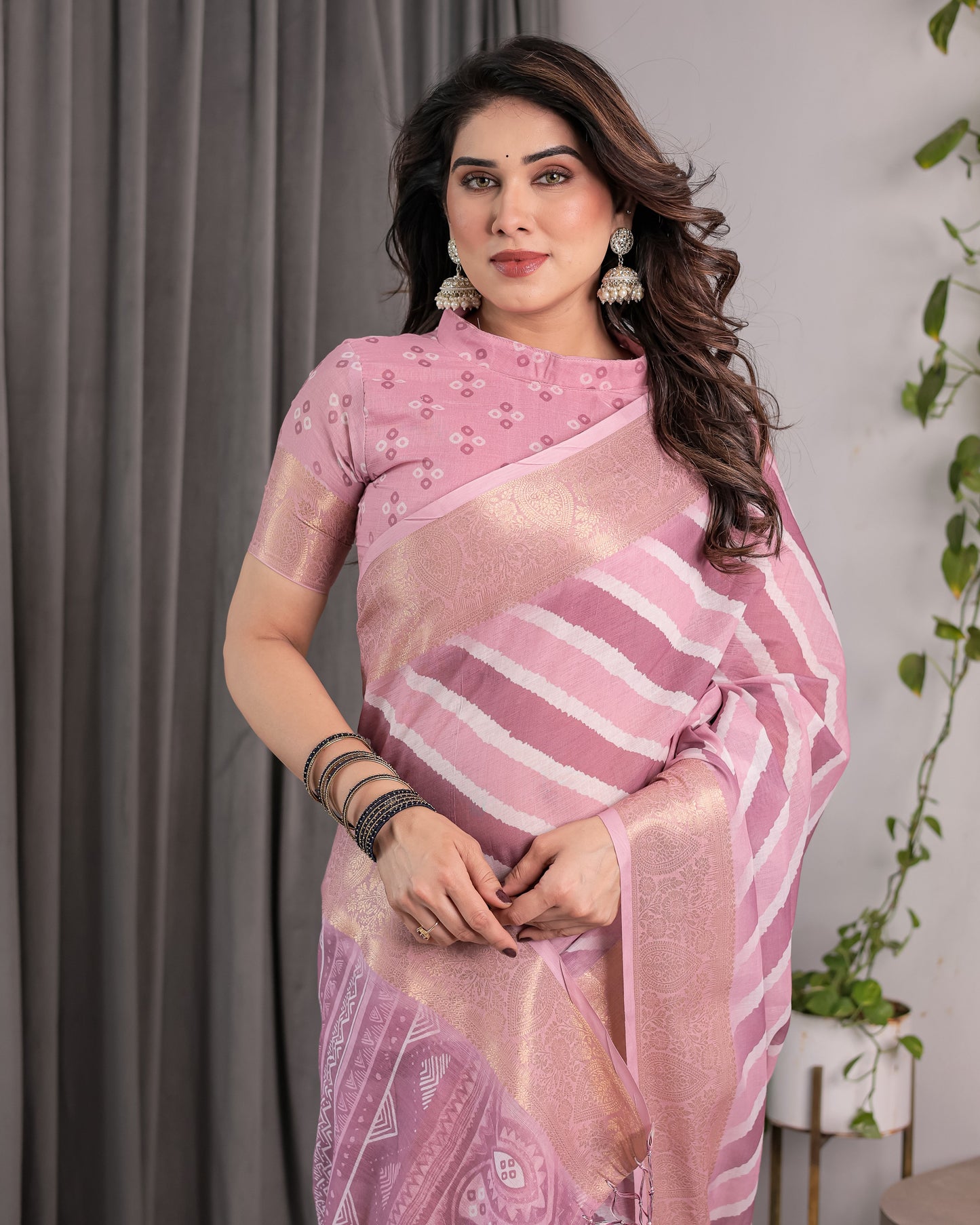 Dusty Pink Linen Handloom Saree with White Geometric Stripes & Tribal Pattern Pallu | Zari Border | 5.5m Saree + 0.8m Blouse with Tassels