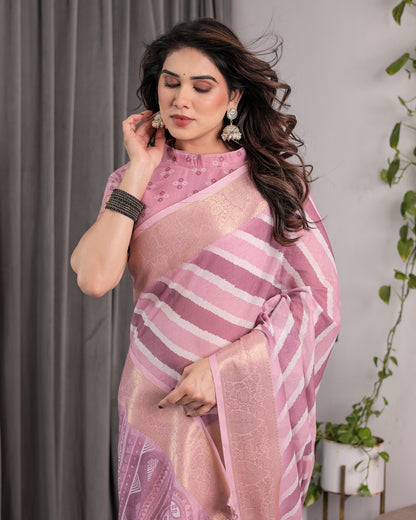 Dusty Pink Linen Handloom Saree with White Geometric Stripes & Tribal Pattern Pallu | Zari Border | 5.5m Saree + 0.8m Blouse with Tassels