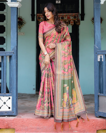 Coral Pink Handloom Cotton Saree with Traditional Folk Procession Print & Classical Dance Pallu