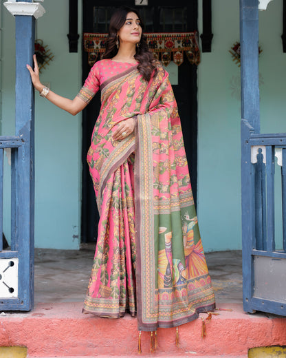 Coral Pink Handloom Cotton Saree with Traditional Folk Procession Print & Classical Dance Pallu