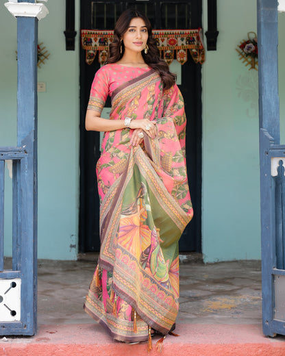 Coral Pink Handloom Cotton Saree with Traditional Folk Procession Print & Classical Dance Pallu