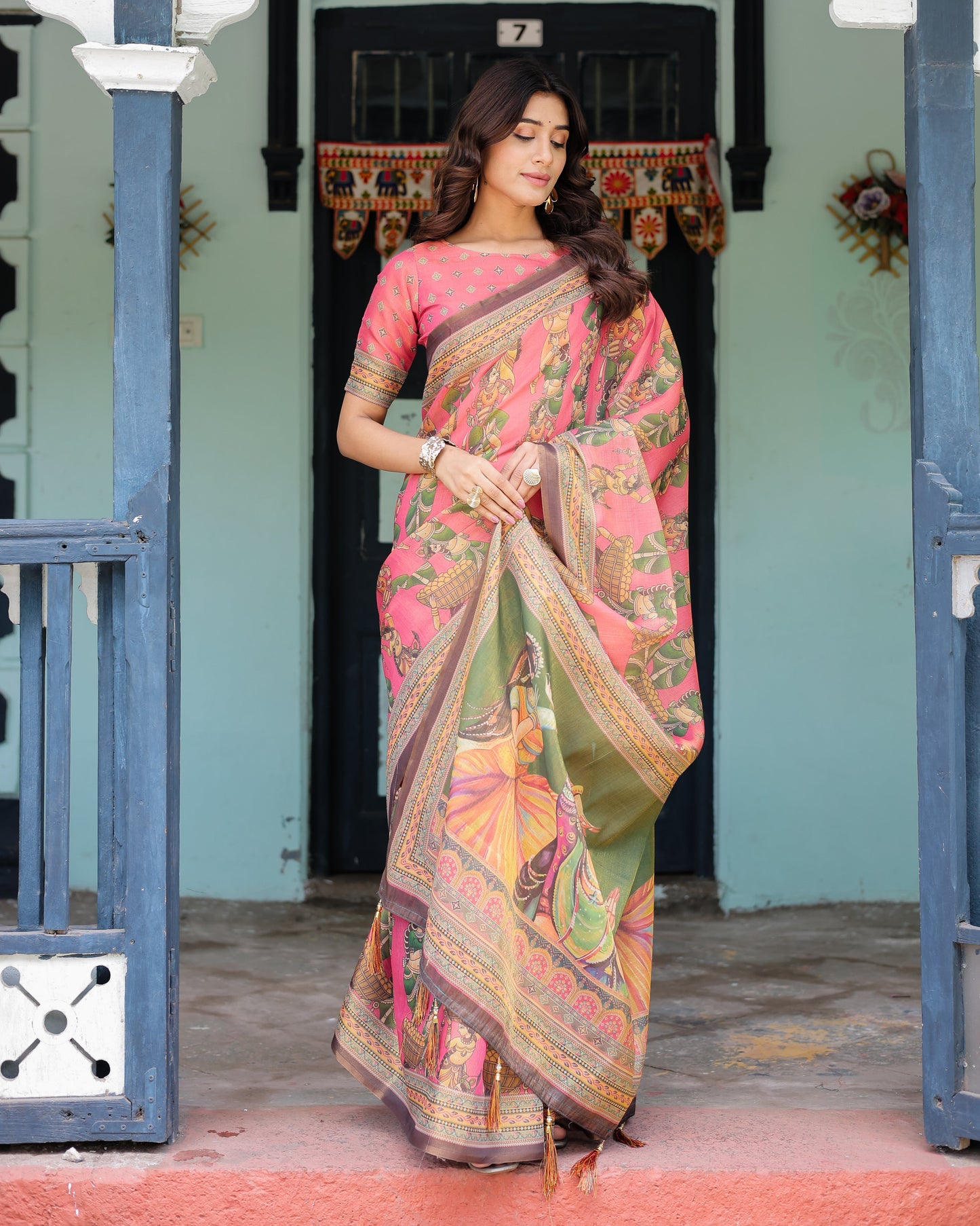 Coral Pink Handloom Cotton Saree with Traditional Folk Procession Print & Classical Dance Pallu