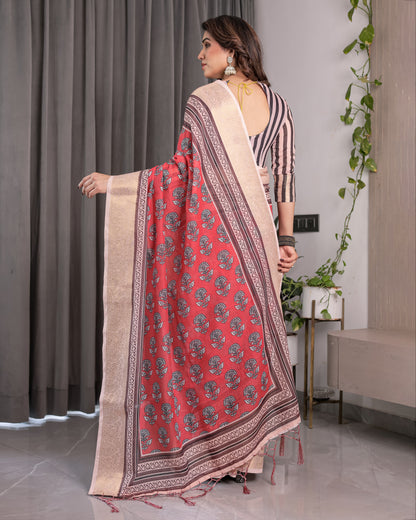 Rust Red Handloom Cotton Linen Saree with Black Floral Buti Print & Zari Border | Ethnic Striped Blouse | 5.5m Saree + 0.8m Blouse Piece