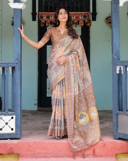 Coffee Brown Handloom Cotton Saree with Classical Art & Sacred Cow Pallu