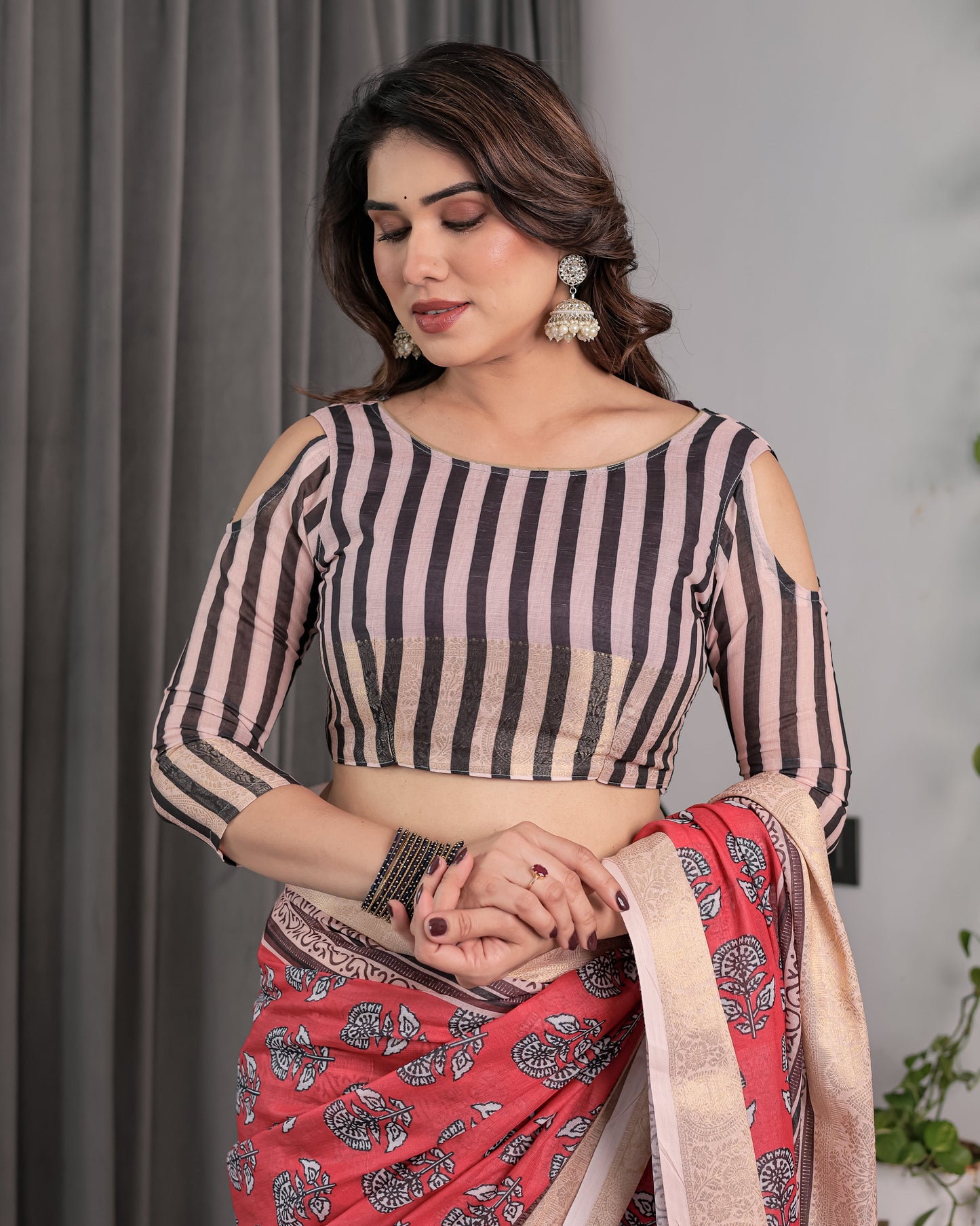 Rust Red Handloom Cotton Linen Saree with Black Floral Buti Print & Zari Border | Ethnic Striped Blouse | 5.5m Saree + 0.8m Blouse Piece