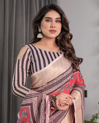 Rust Red Handloom Cotton Linen Saree with Black Floral Buti Print & Zari Border | Ethnic Striped Blouse | 5.5m Saree + 0.8m Blouse Piece