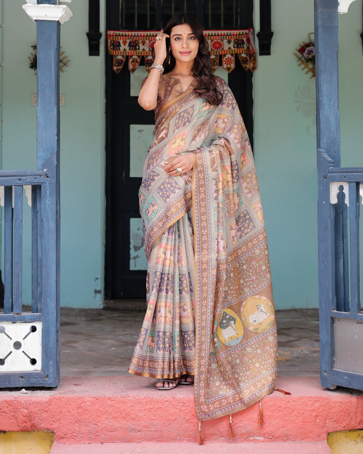 Coffee Brown Handloom Cotton Saree with Classical Art & Sacred Cow Pallu