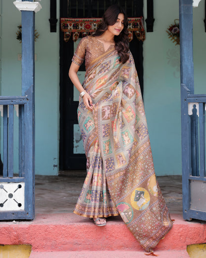 Coffee Brown Handloom Cotton Saree with Classical Art & Sacred Cow Pallu