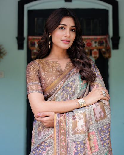 Coffee Brown Handloom Cotton Saree with Classical Art & Sacred Cow Pallu