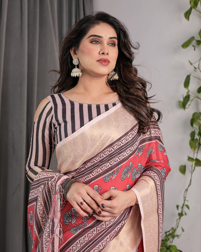 Rust Red Handloom Cotton Linen Saree with Black Floral Buti Print & Zari Border | Ethnic Striped Blouse | 5.5m Saree + 0.8m Blouse Piece