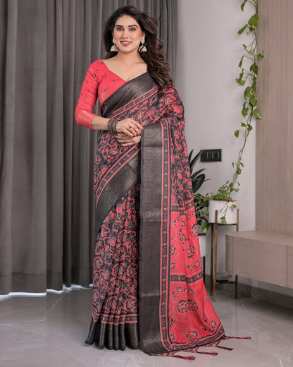 Crimson Red & Black Handloom Linen Saree with Traditional Paisley & Floral Buti Print | Antique Zari Border | 5.5m Saree + 0.8m Blouse