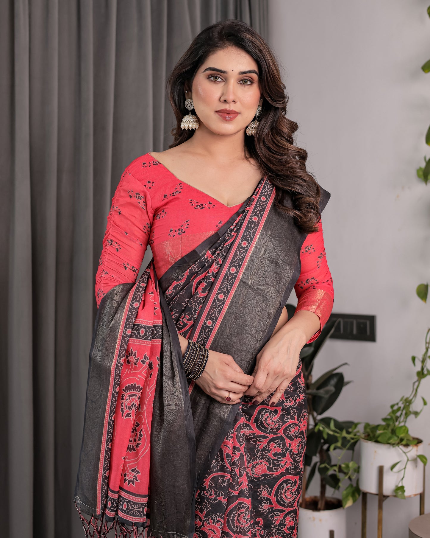 Crimson Red & Black Handloom Linen Saree with Traditional Paisley & Floral Buti Print | Antique Zari Border | 5.5m Saree + 0.8m Blouse