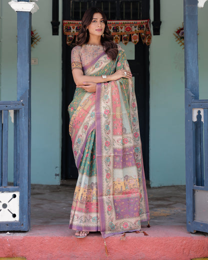 Green Lavender Handloom Cotton Saree with Floral Vines & Heritage Village Pallu