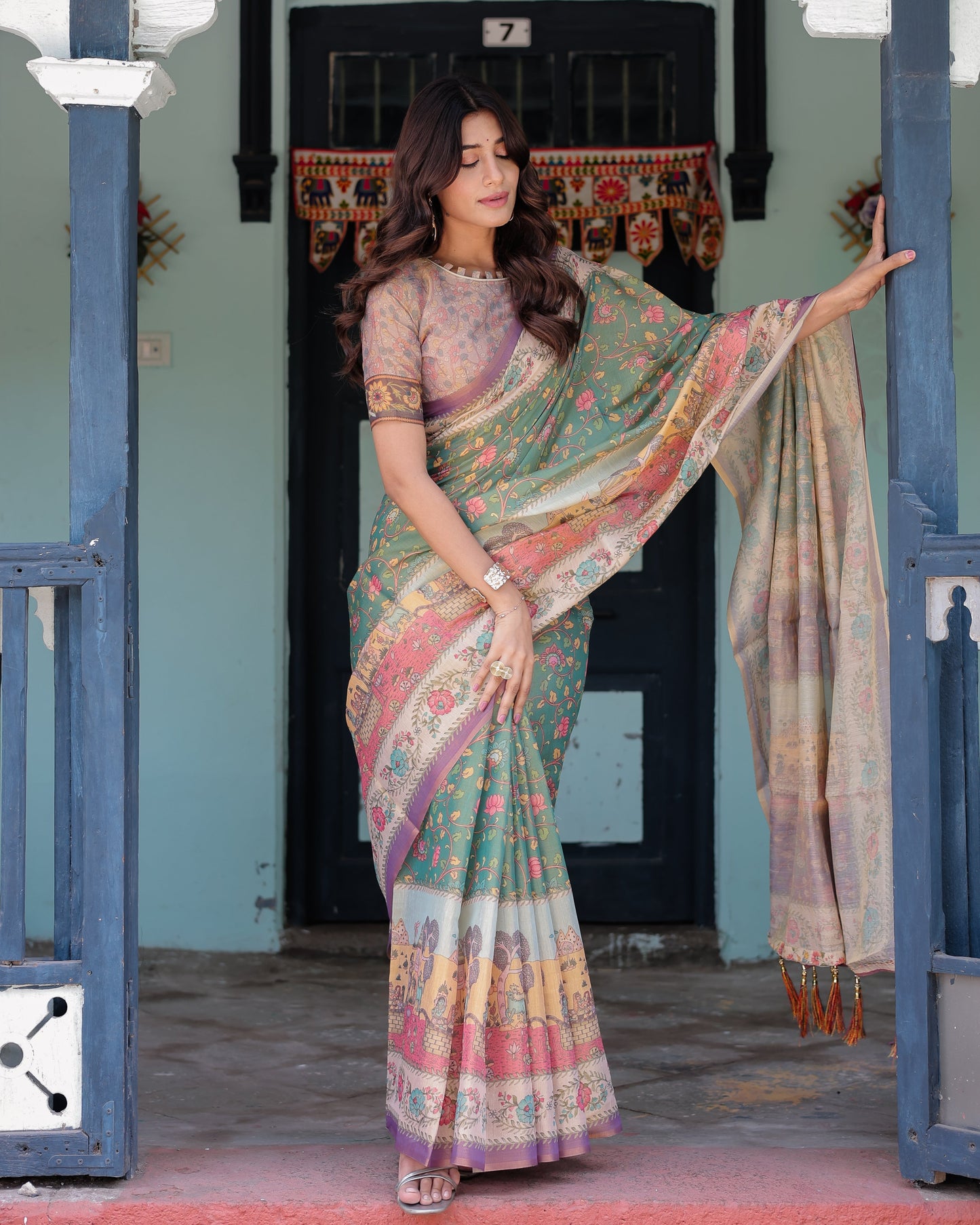 Green Lavender Handloom Cotton Saree with Floral Vines & Heritage Village Pallu