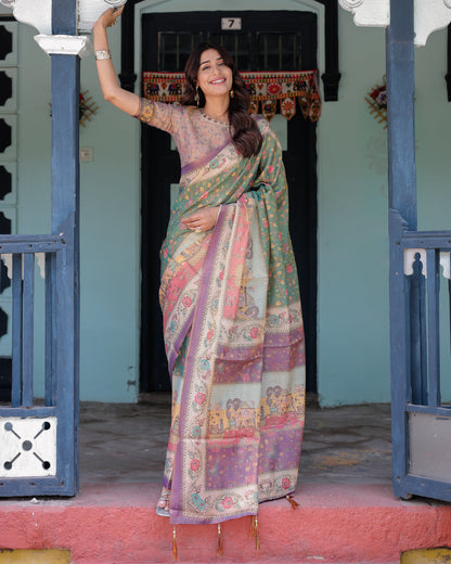 Green Lavender Handloom Cotton Saree with Floral Vines & Heritage Village Pallu