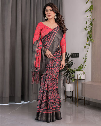 Crimson Red & Black Handloom Linen Saree with Traditional Paisley & Floral Buti Print | Antique Zari Border | 5.5m Saree + 0.8m Blouse