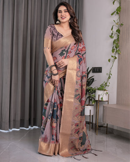 Dusty Mauve Saree with Madhubani Fish Motifs & Antique Zari Border | Cultural Art Digital Print | 5.5m Saree + 0.8m Blouse Piece