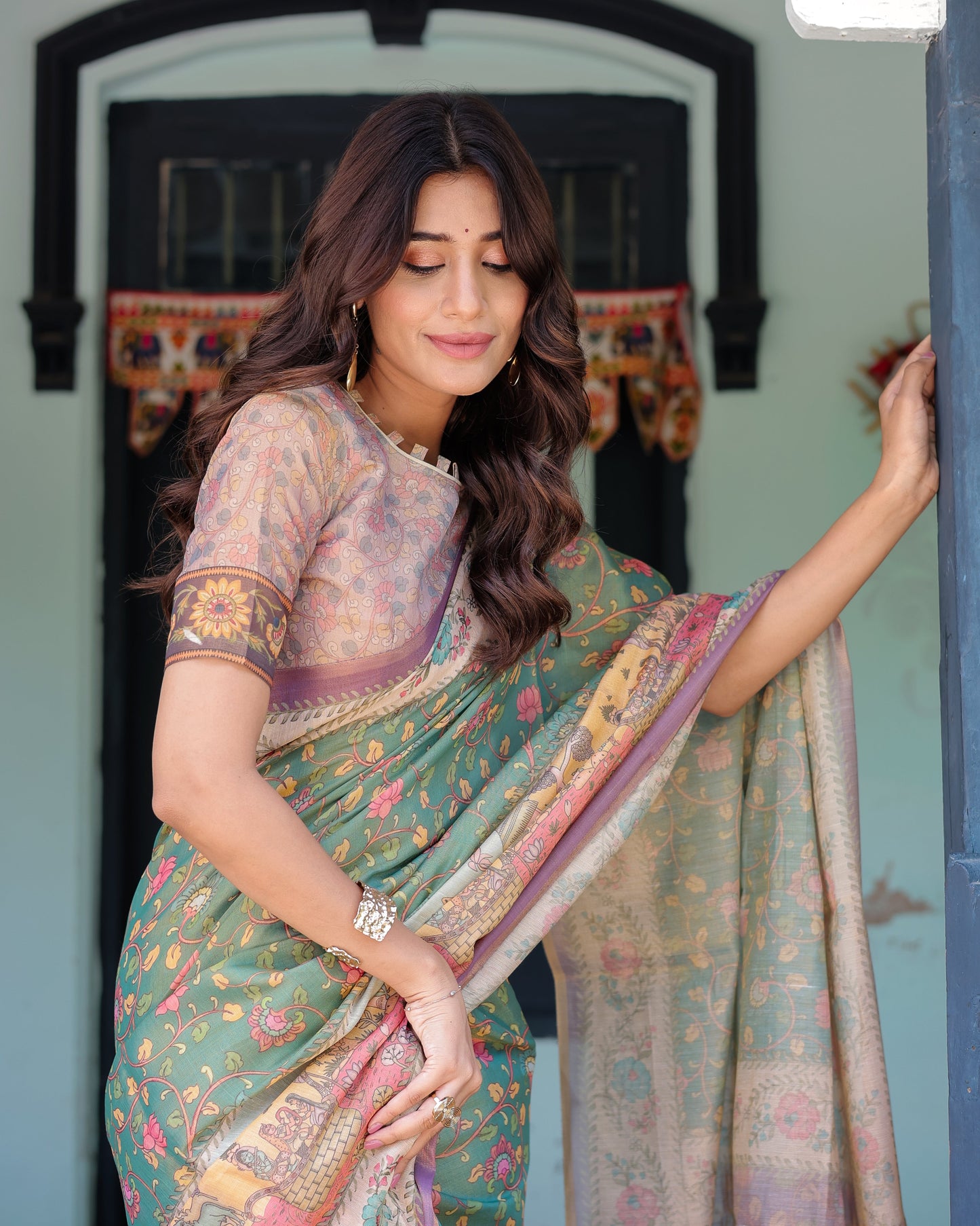 Green Lavender Handloom Cotton Saree with Floral Vines & Heritage Village Pallu