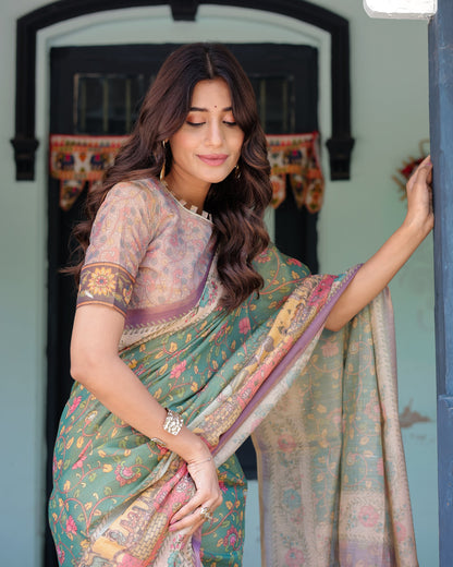 Green Lavender Handloom Cotton Saree with Floral Vines & Heritage Village Pallu