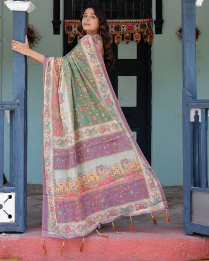 Green Lavender Handloom Cotton Saree with Floral Vines & Heritage Village Pallu