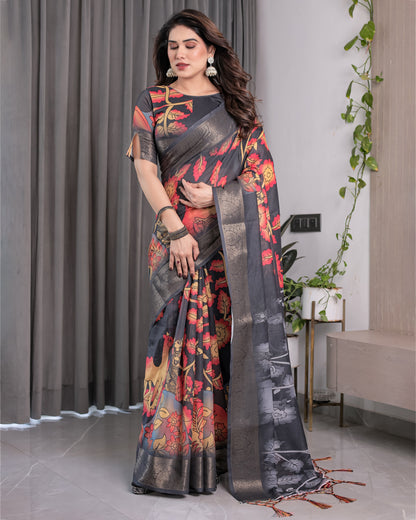 Black Organza-Feel Saree with Red & Grey Floral Digital Prints and Zari Border | Festive Lightweight Drape | 5.5m Saree + 0.8m Blouse Piece