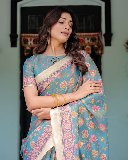 Aqua Blue Handloom Cotton Saree with Multicolor Floral Print & Royal Simha-Pakshi Pallu