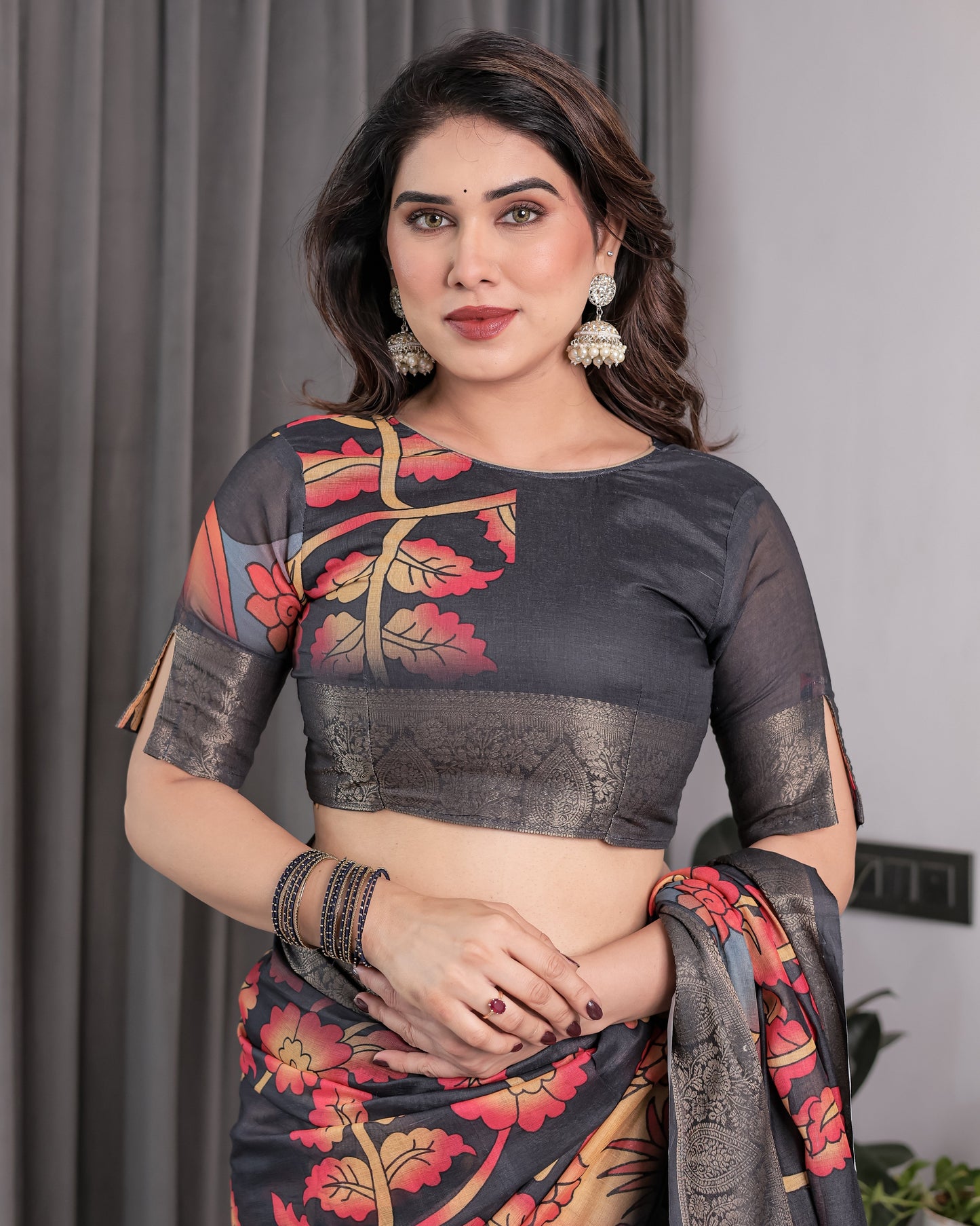 Black Organza-Feel Saree with Red & Grey Floral Digital Prints and Zari Border | Festive Lightweight Drape | 5.5m Saree + 0.8m Blouse Piece