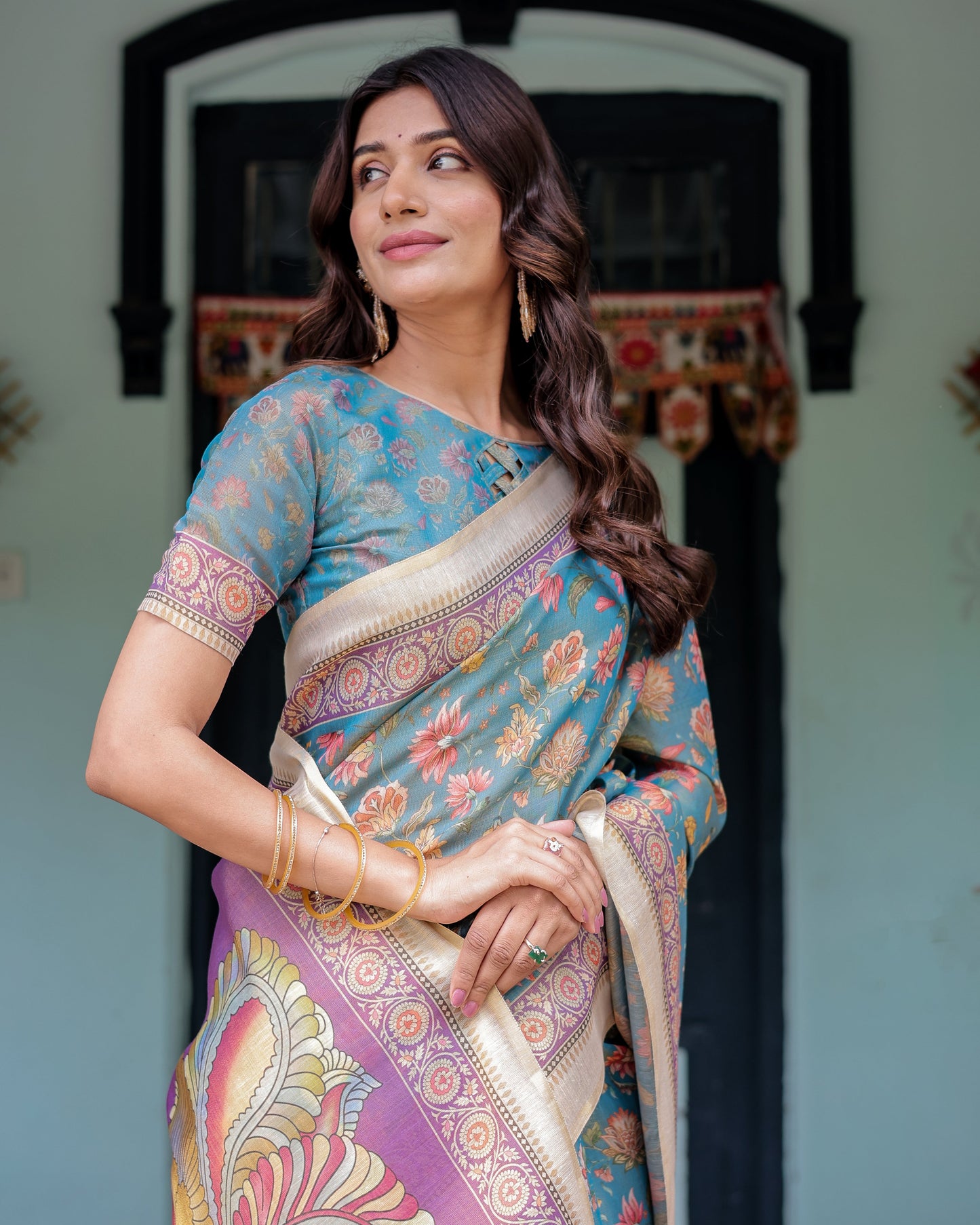 Aqua Blue Handloom Cotton Saree with Multicolor Floral Print & Royal Simha-Pakshi Pallu