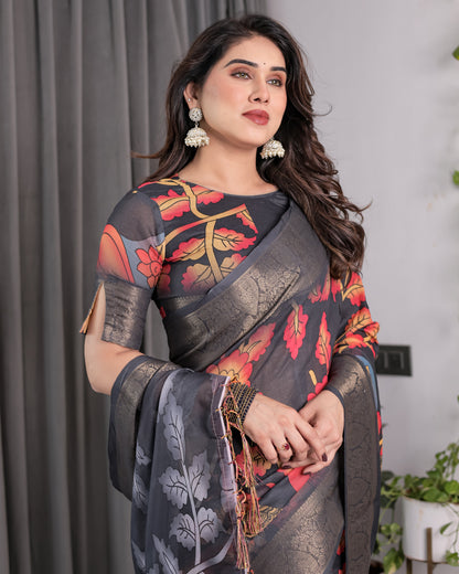 Black Organza-Feel Saree with Red & Grey Floral Digital Prints and Zari Border | Festive Lightweight Drape | 5.5m Saree + 0.8m Blouse Piece