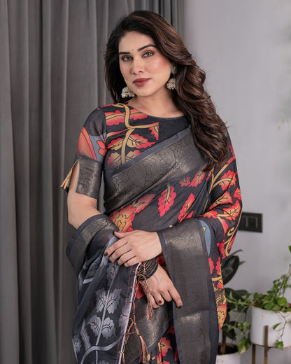 Black Organza-Feel Saree with Red & Grey Floral Digital Prints and Zari Border | Festive Lightweight Drape | 5.5m Saree + 0.8m Blouse Piece