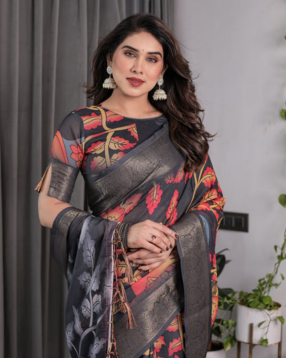Black Organza-Feel Saree with Red & Grey Floral Digital Prints and Zari Border | Festive Lightweight Drape | 5.5m Saree + 0.8m Blouse Piece
