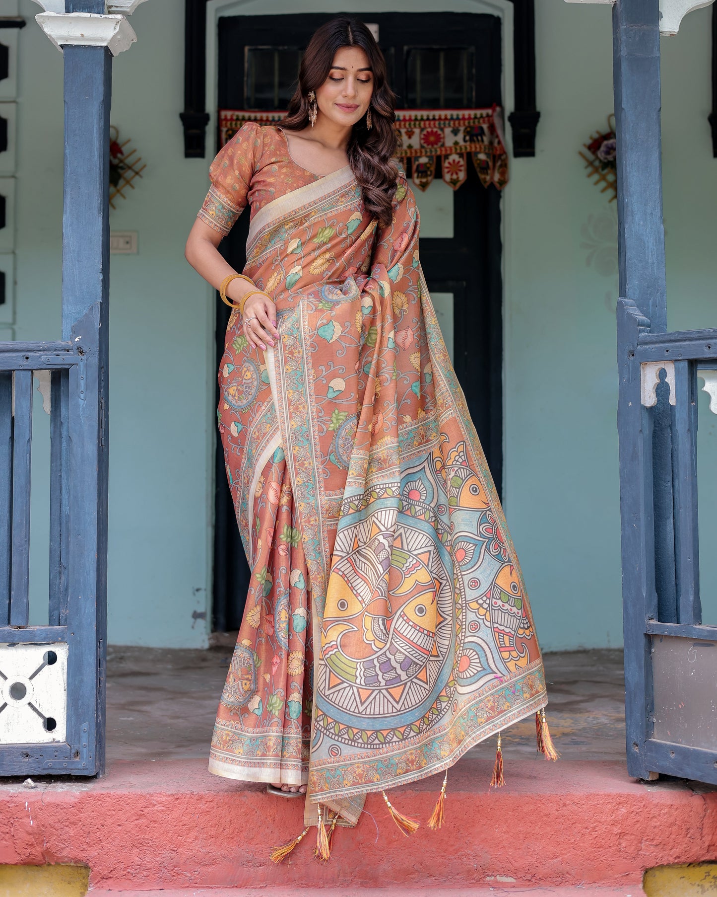 Terracotta Handloom Cotton Saree with Blooming Floral Print & Madhubani Fish Pallu